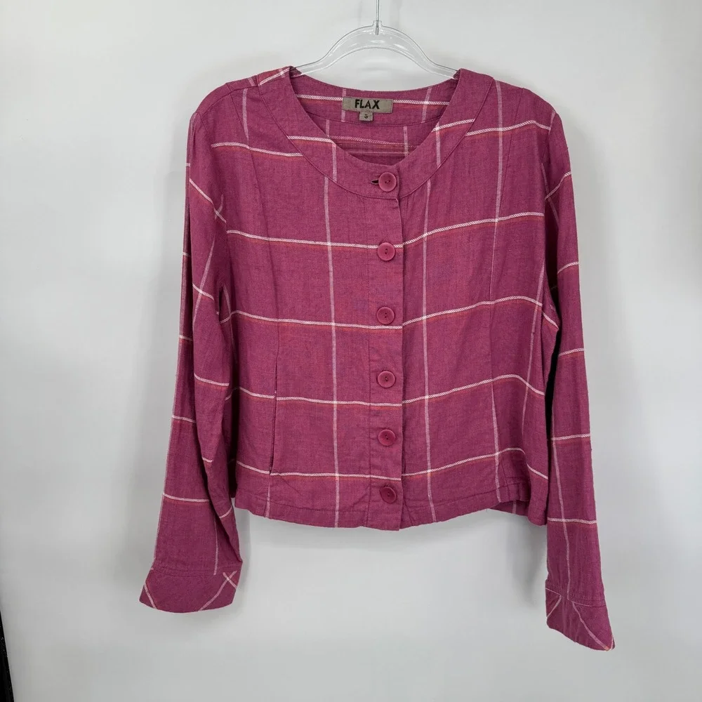 Flax Button Front Jacket Womens Small Pink Windowpane Plaid 100% Linen Boxy